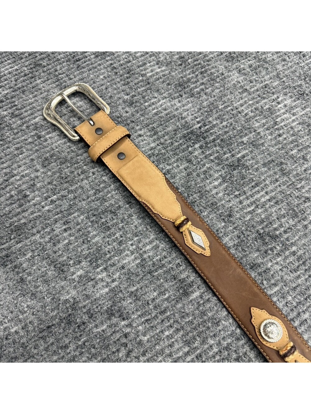 Justin Belt Mens 38 Brown Leather Western Concho Studded Engraved Silver Buckle - Picture 9 of 15